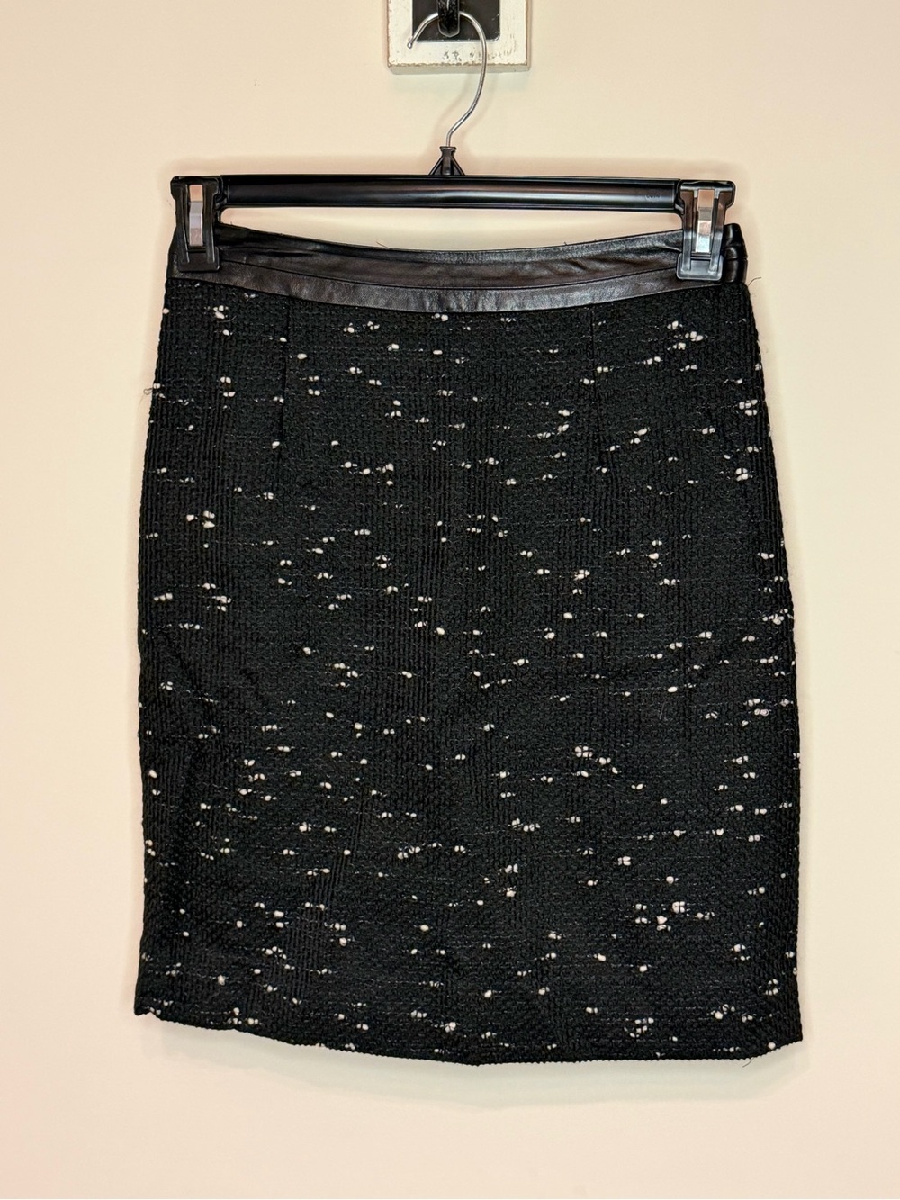 Milly Black Tweed Pencil Skirt with White Flecks and Leather Trim